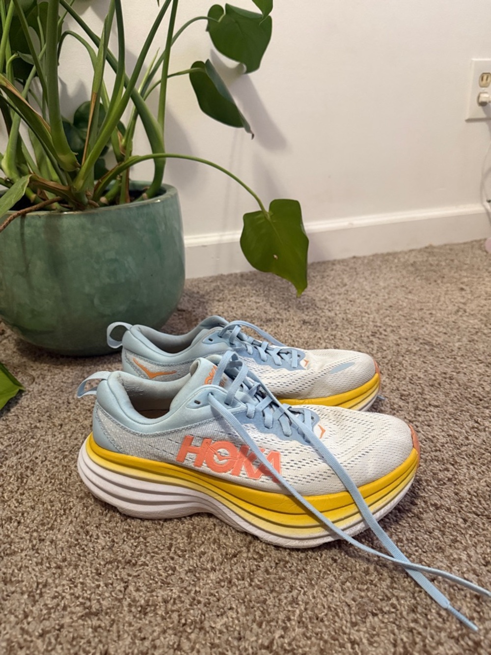 HOKA Women's Bondi 8 Light Blue and Yellow Running Shoes
